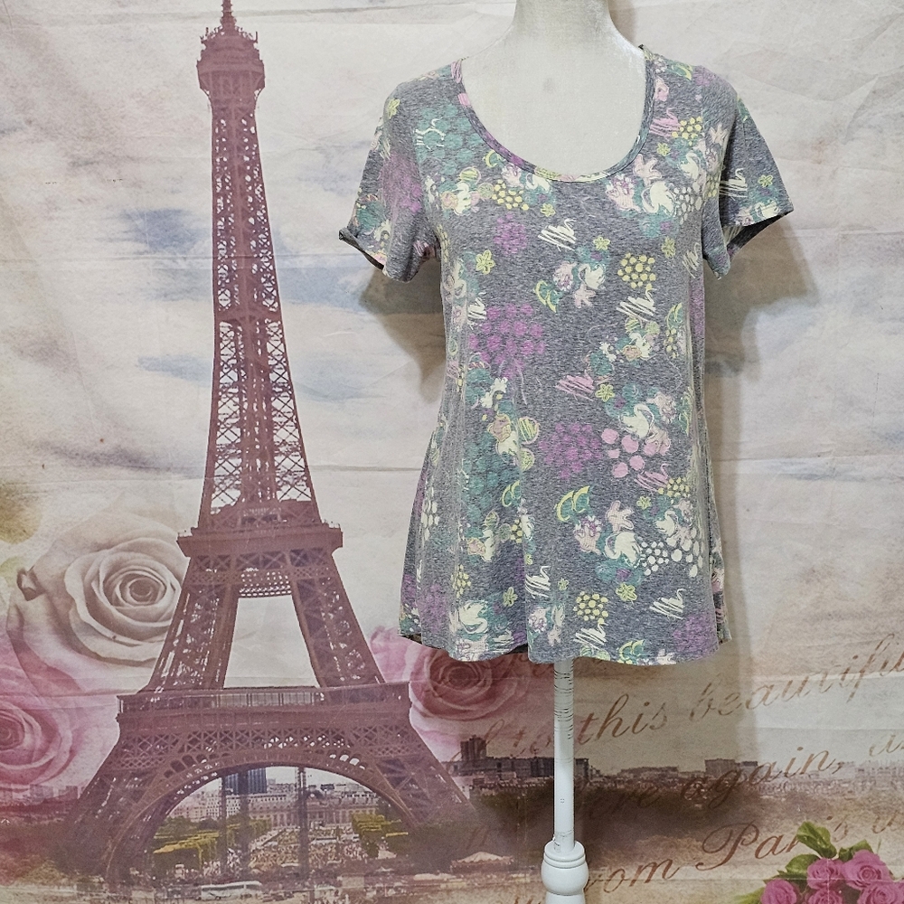 LuLaRoe Gray and Pink Floral Minnie Short Sleeve Top